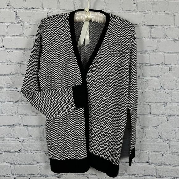 Verve ami‎ Open Front Cardigan Sweater, Size Medium, Black/White Chevron Pattern - Picture 1 of 6